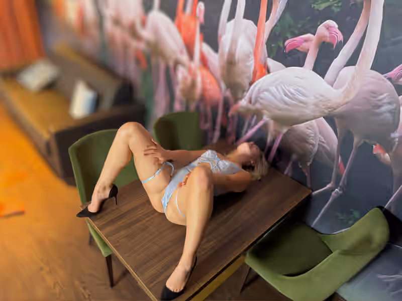 Melissa liegt auf einem Holztisch im eleganten Raum, umgeben von grünen Samtstühlen und einer Wand voller Flamingos. Die Komposition aus Farben, Formen und Licht verleiht der Szene eine fast malerische Tiefe. Ihr Körper fügt sich harmonisch in das Ambiente ein, als Teil einer modernen Aktstudie. Dieses Bild zeigt Melissa als Escort Lady in Leipzig mit einer faszinierenden Mischung aus Selbstvertrauen, Sinnlichkeit und Lust.