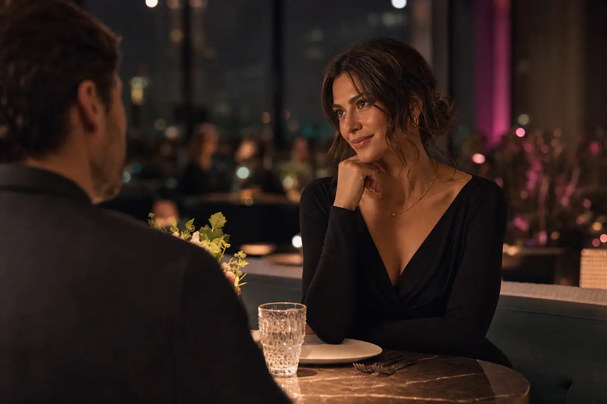 Empathie und echtes Interesse bei einem Escort Date Aufmerksames Gespräch bei einem stilvollen Dinner-Date in Leipzig
